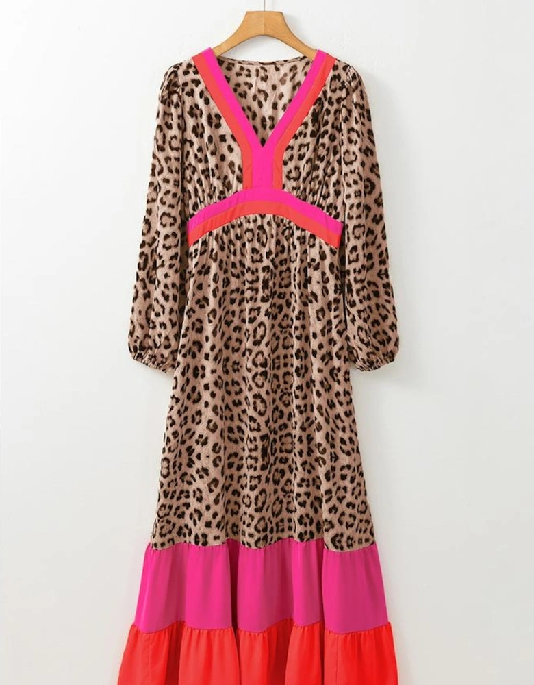 Brown Leopard Color Block V Neck Loose Fit Maxi Dress