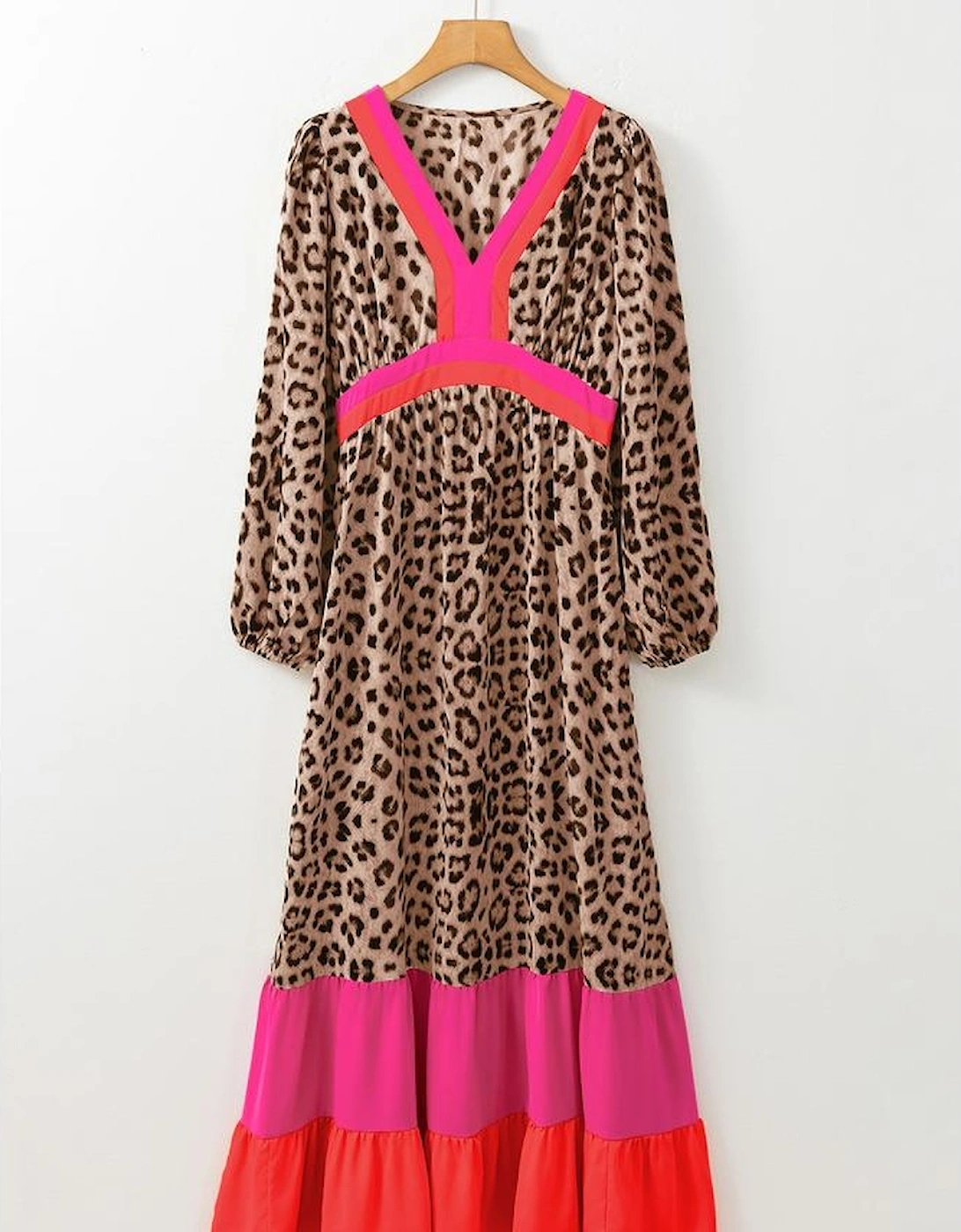 Brown Leopard Color Block V Neck Loose Fit Maxi Dress