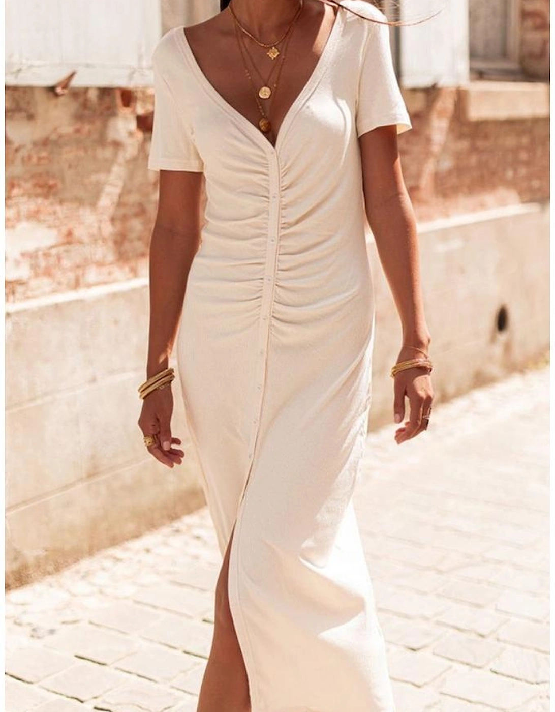 Beige V Neck Ruched Button Front French T-shirt Dress