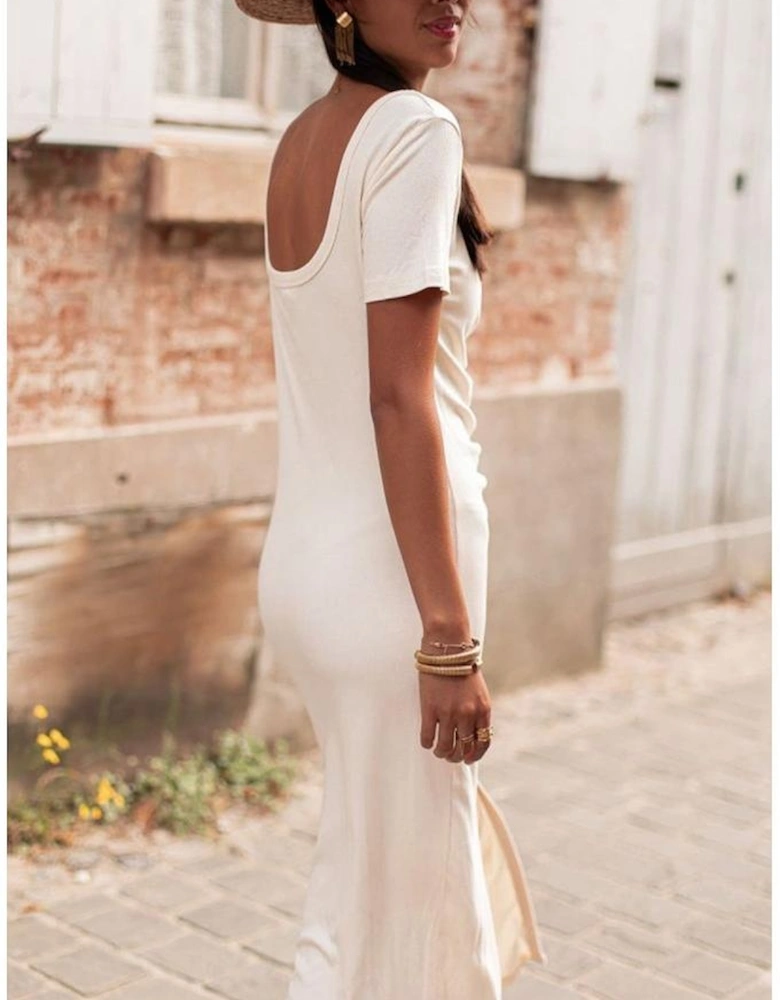 Beige V Neck Ruched Button Front French T-shirt Dress