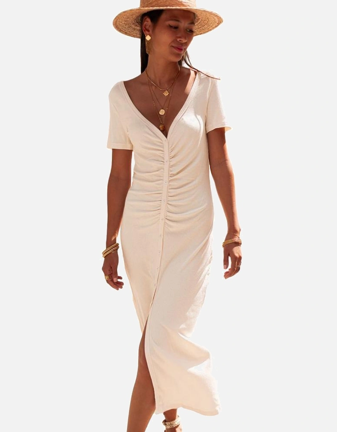 Beige V Neck Ruched Button Front French T-shirt Dress