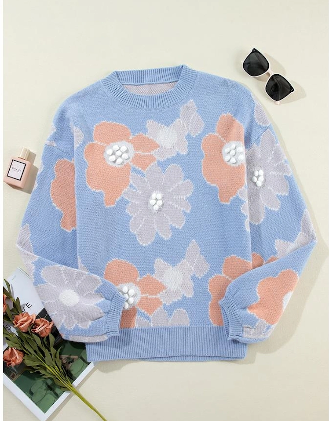 Beau Blue Floral O Neck Drop Shoulder Knitted Sweater