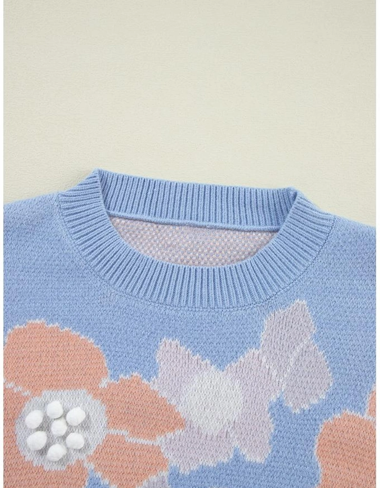 Beau Blue Floral O Neck Drop Shoulder Knitted Sweater