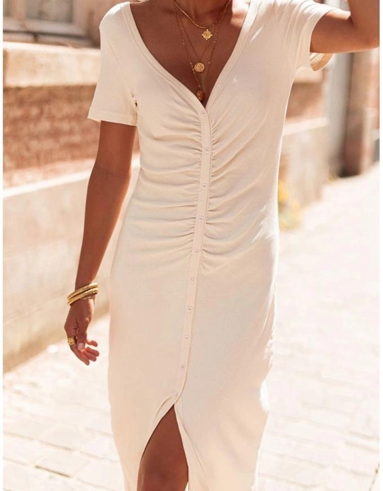 Beige V Neck Ruched Button Front French T-shirt Dress