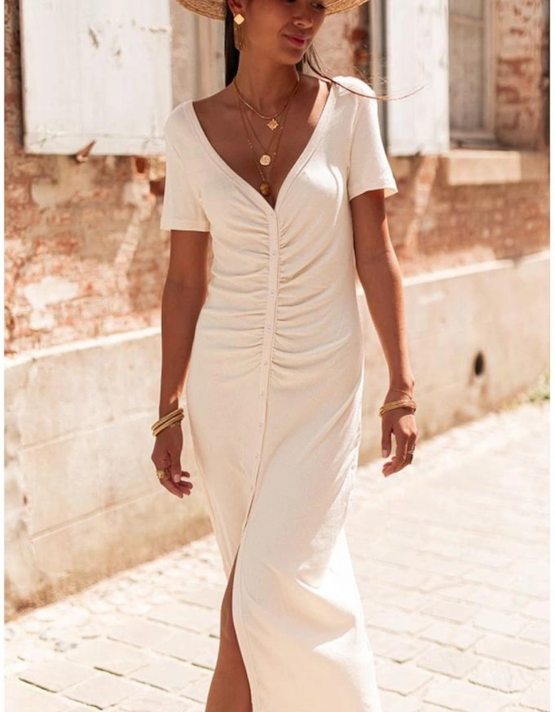 Beige V Neck Ruched Button Front French T-shirt Dress