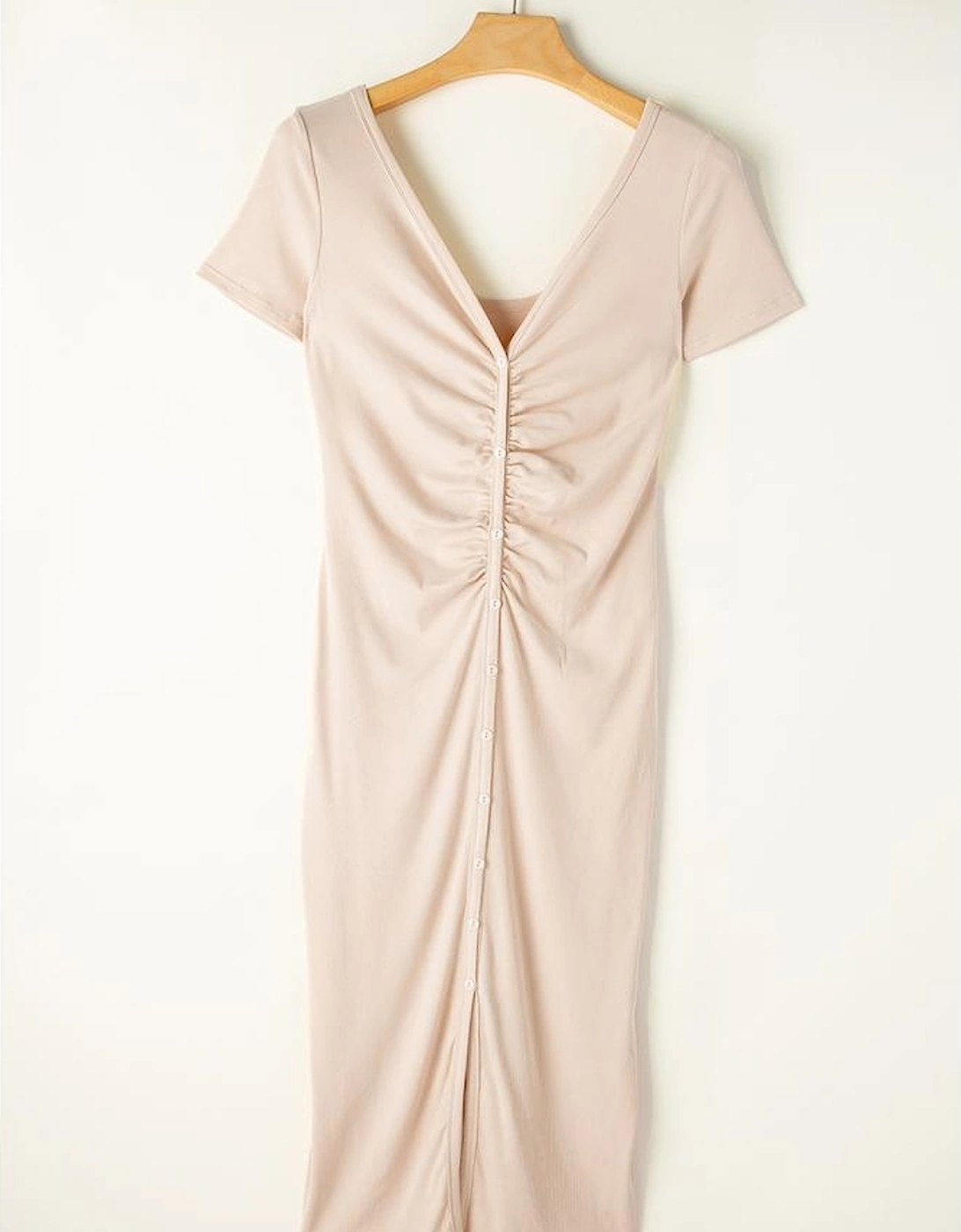 Beige V Neck Ruched Button Front French T-shirt Dress