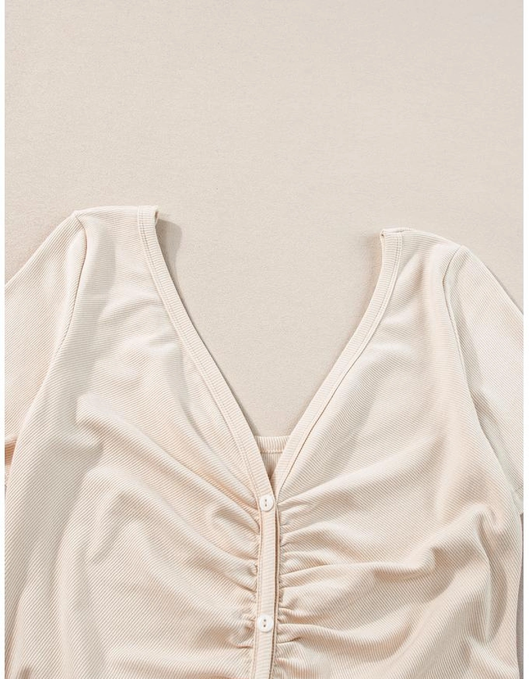 Beige V Neck Ruched Button Front French T-shirt Dress