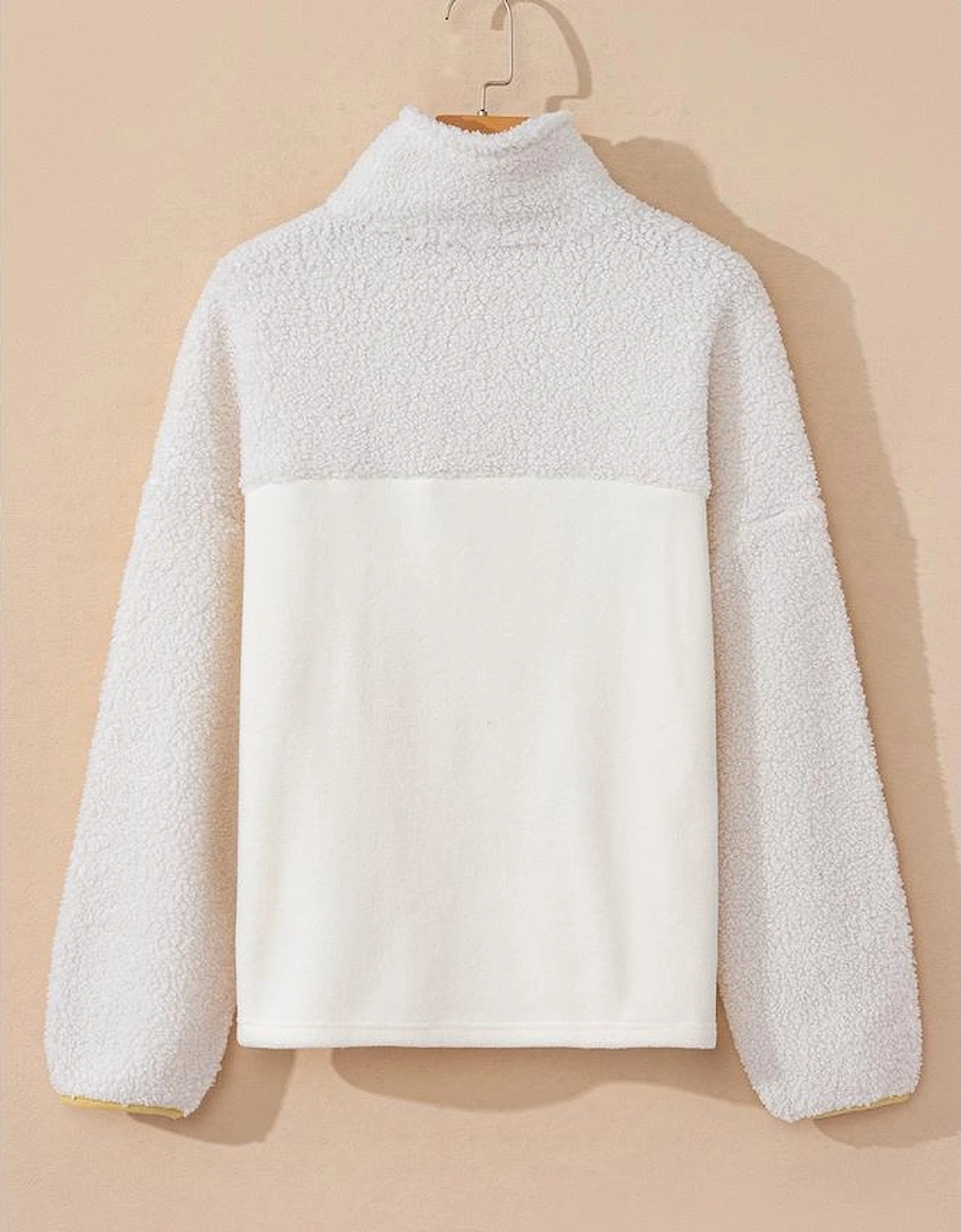 Beige Fleece Colorblock Trim Buttons Collar Sweatshirt with Pocket