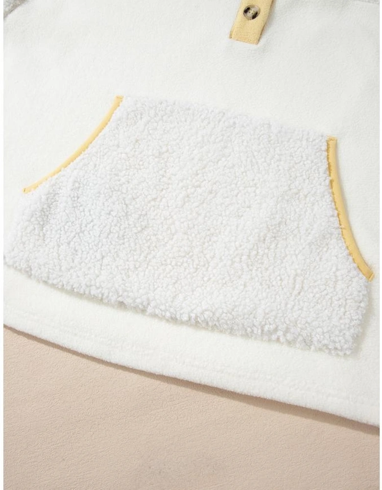 Beige Fleece Colorblock Trim Buttons Collar Sweatshirt with Pocket