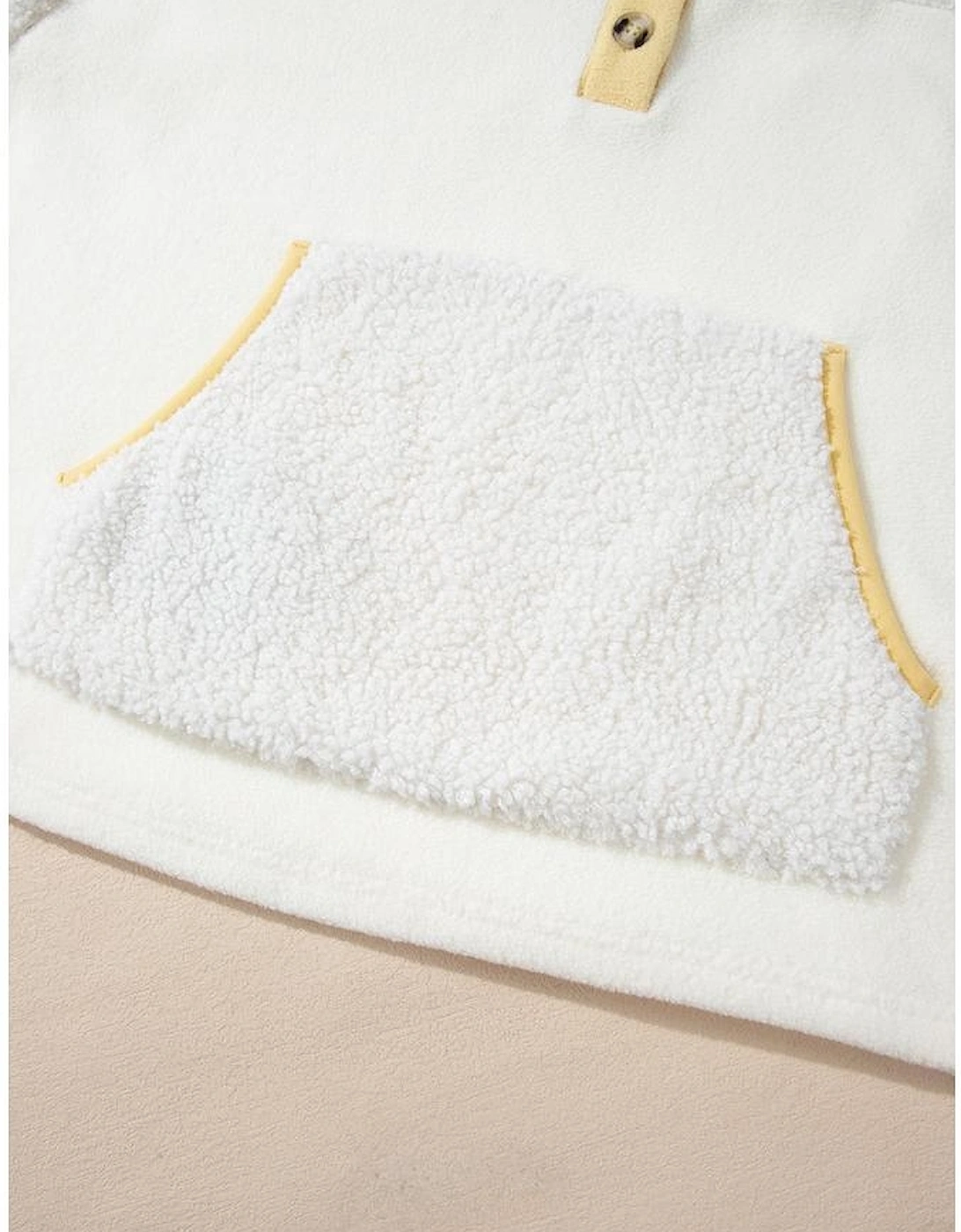 Beige Fleece Colorblock Trim Buttons Collar Sweatshirt with Pocket