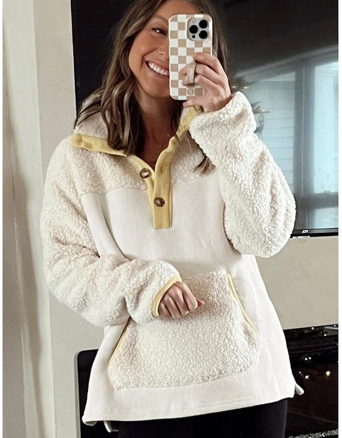 Beige Fleece Colorblock Trim Buttons Collar Sweatshirt with Pocket