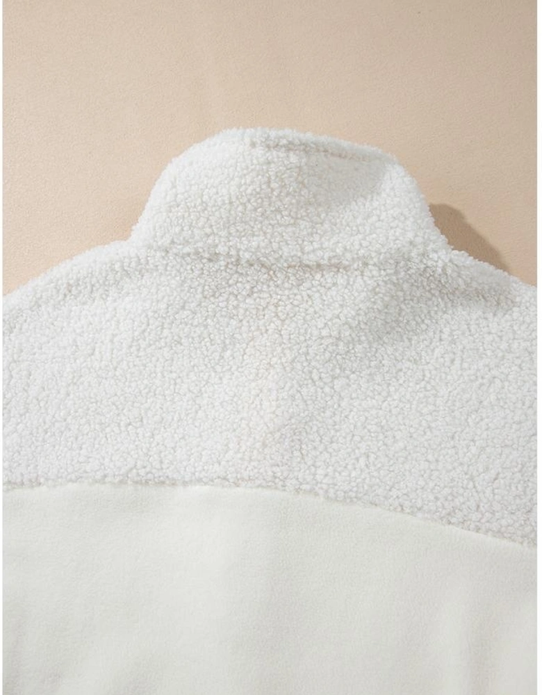 Beige Fleece Colorblock Trim Buttons Collar Sweatshirt with Pocket