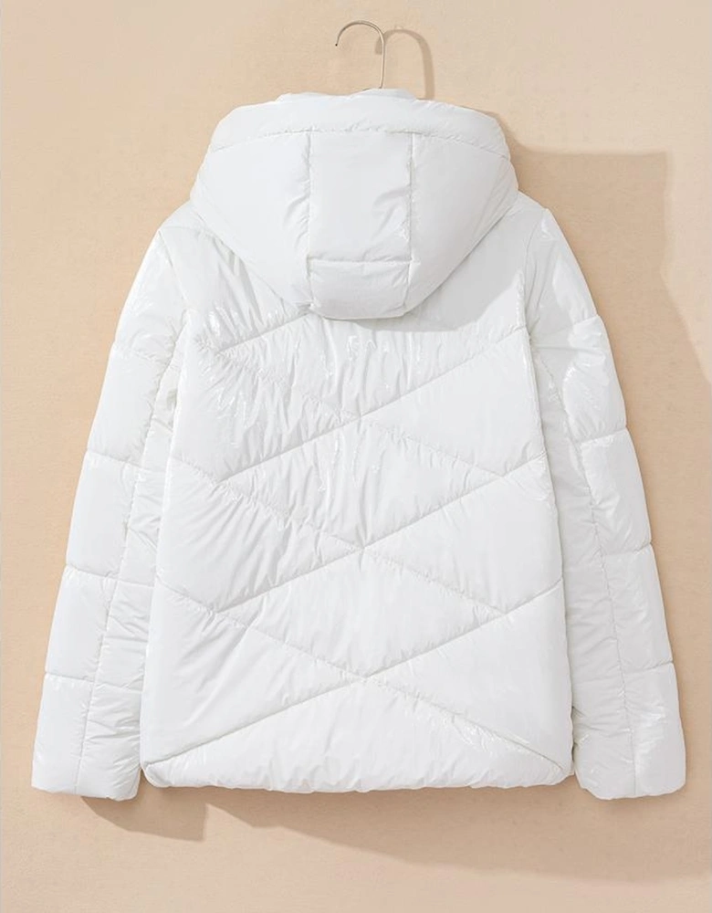 White Solid Quilted Hooded Zip Up Puffer Coat