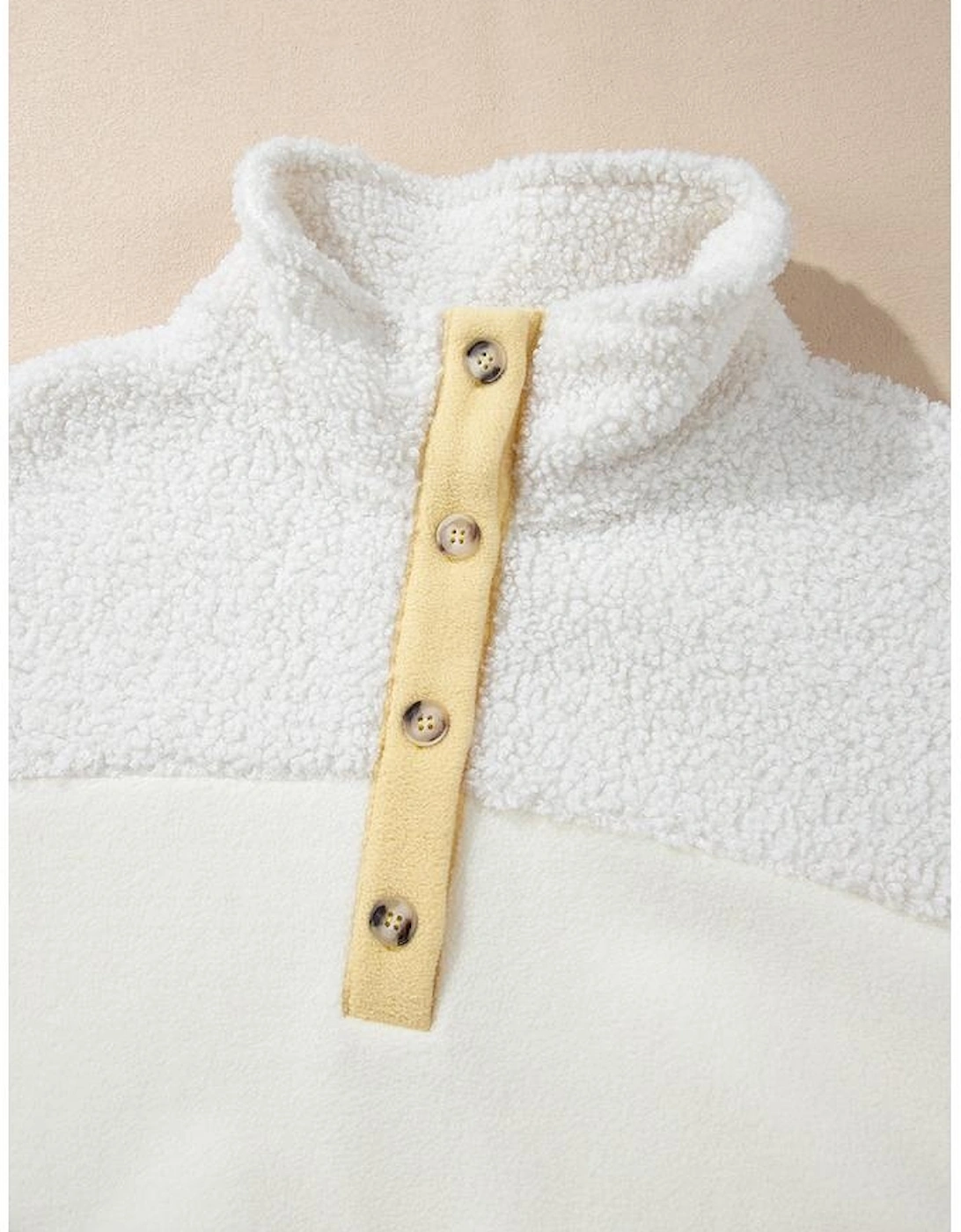 Beige Fleece Colorblock Trim Buttons Collar Sweatshirt with Pocket