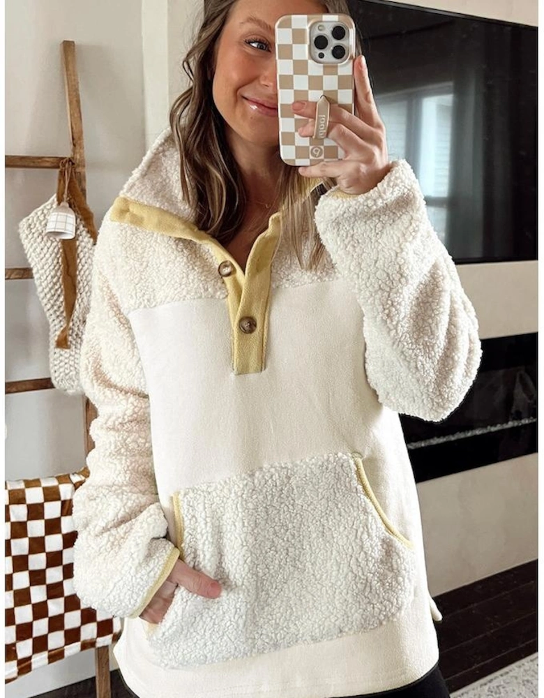 Beige Fleece Colorblock Trim Buttons Collar Sweatshirt with Pocket