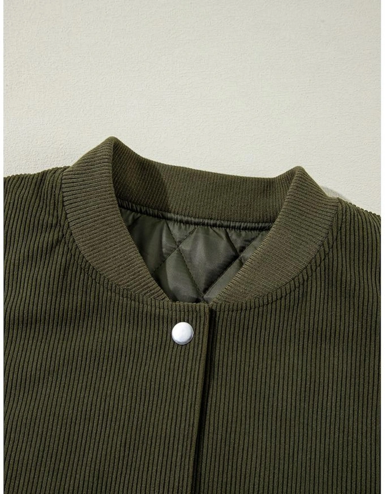 Mist Green Corduroy Fleece Patchwork Buttoned Bomber Jacket