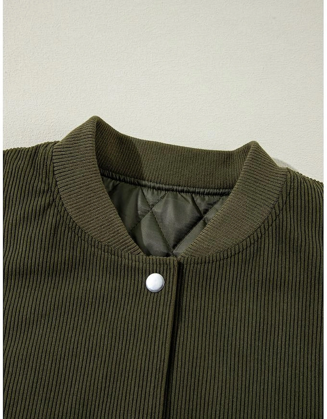 Mist Green Corduroy Fleece Patchwork Buttoned Bomber Jacket