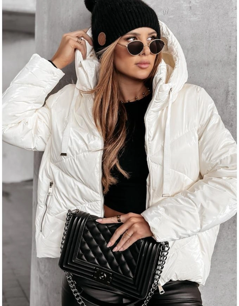 White Solid Quilted Hooded Zip Up Puffer Coat