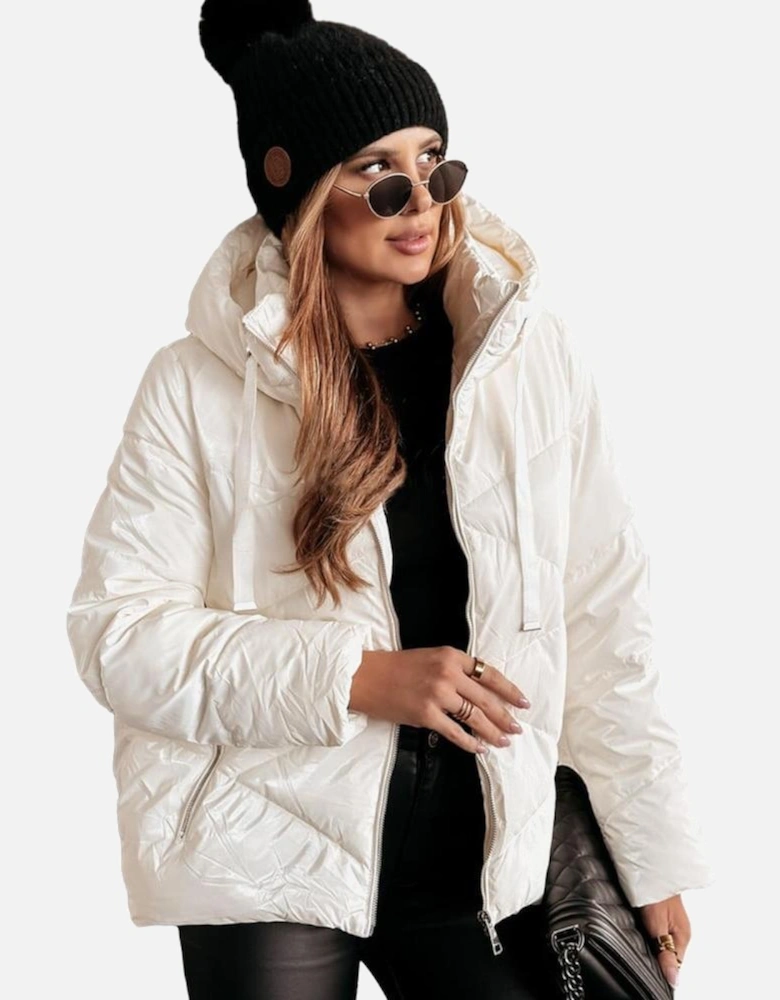 White Solid Quilted Hooded Zip Up Puffer Coat