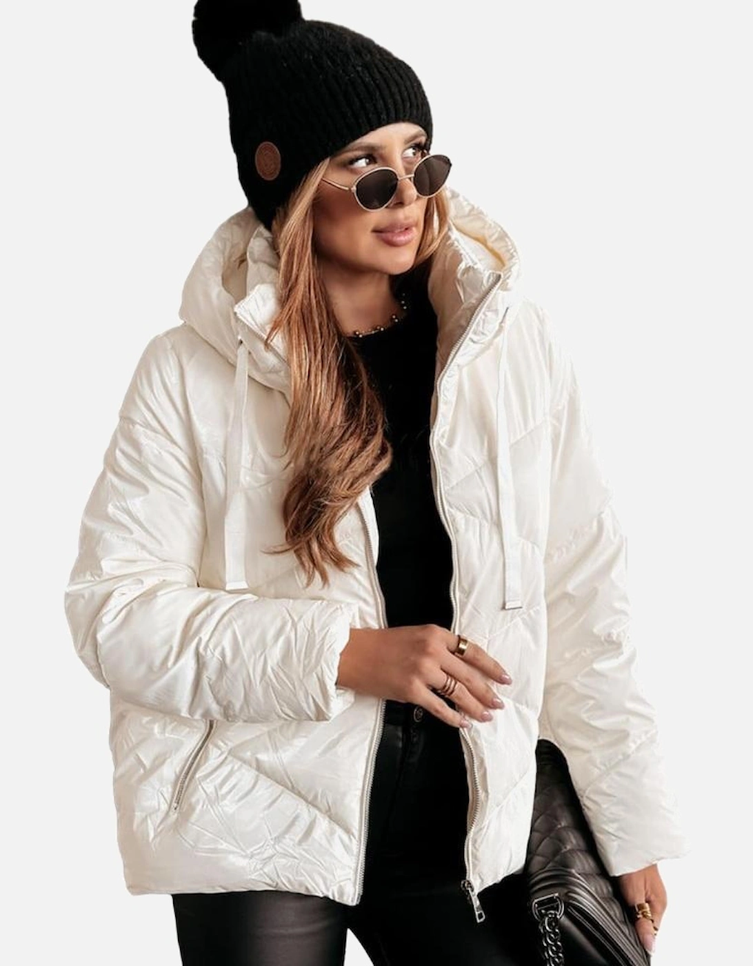 White Solid Quilted Hooded Zip Up Puffer Coat