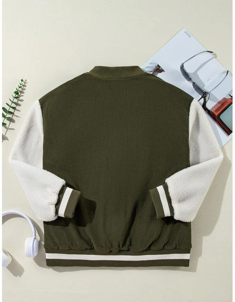 Mist Green Corduroy Fleece Patchwork Buttoned Bomber Jacket