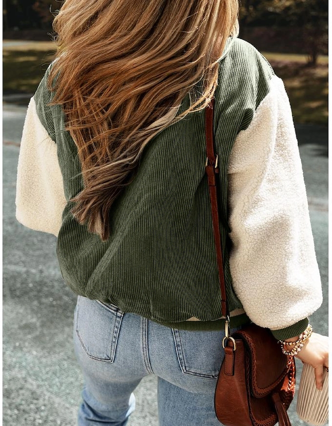 Mist Green Corduroy Fleece Patchwork Buttoned Bomber Jacket