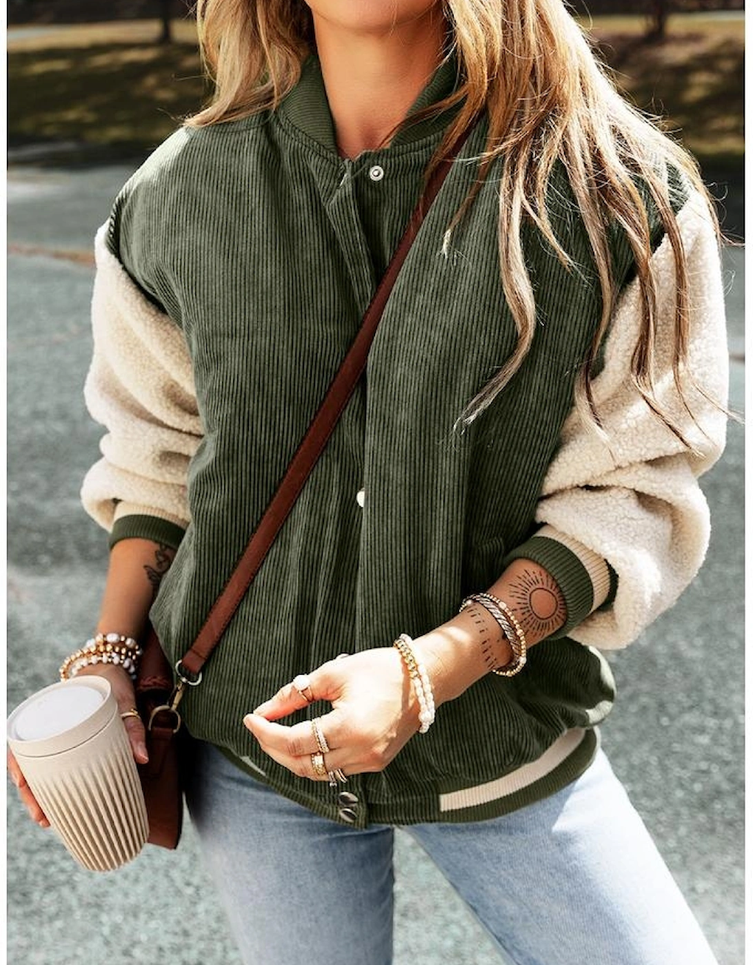 Mist Green Corduroy Fleece Patchwork Buttoned Bomber Jacket