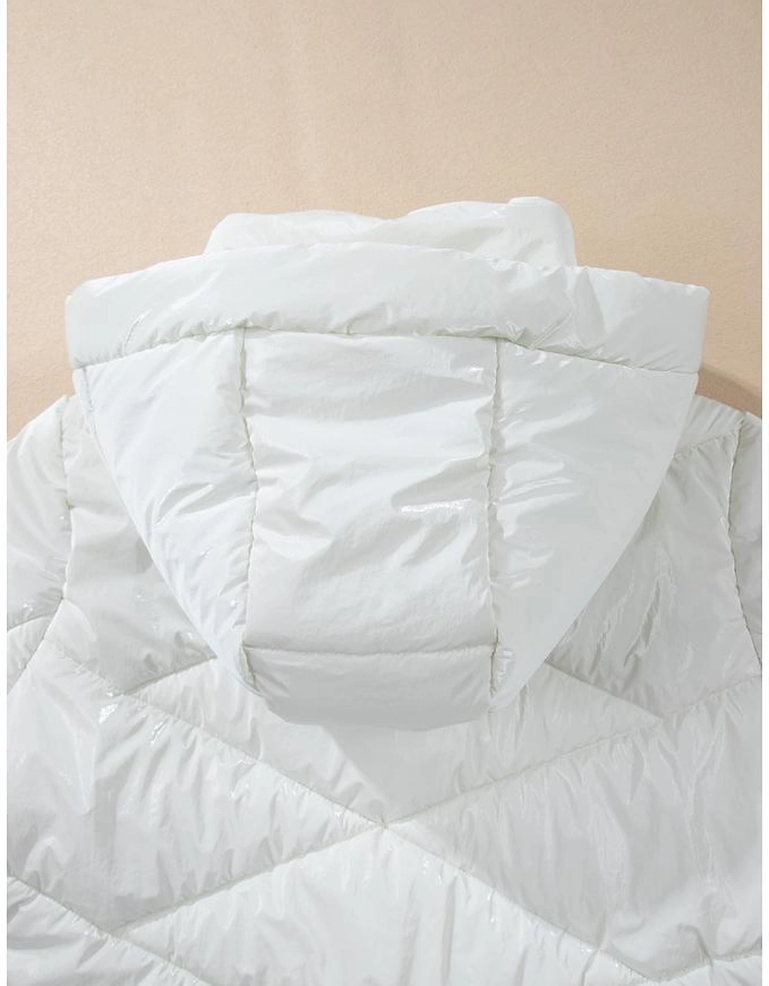 White Solid Quilted Hooded Zip Up Puffer Coat
