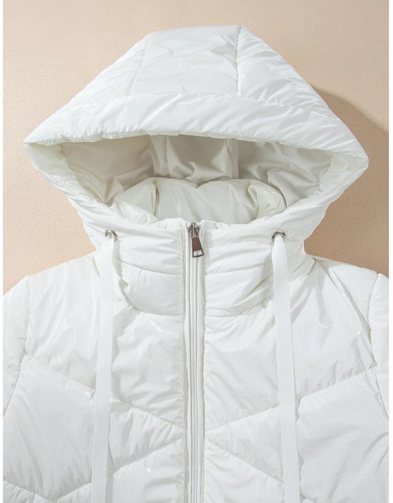 White Solid Quilted Hooded Zip Up Puffer Coat