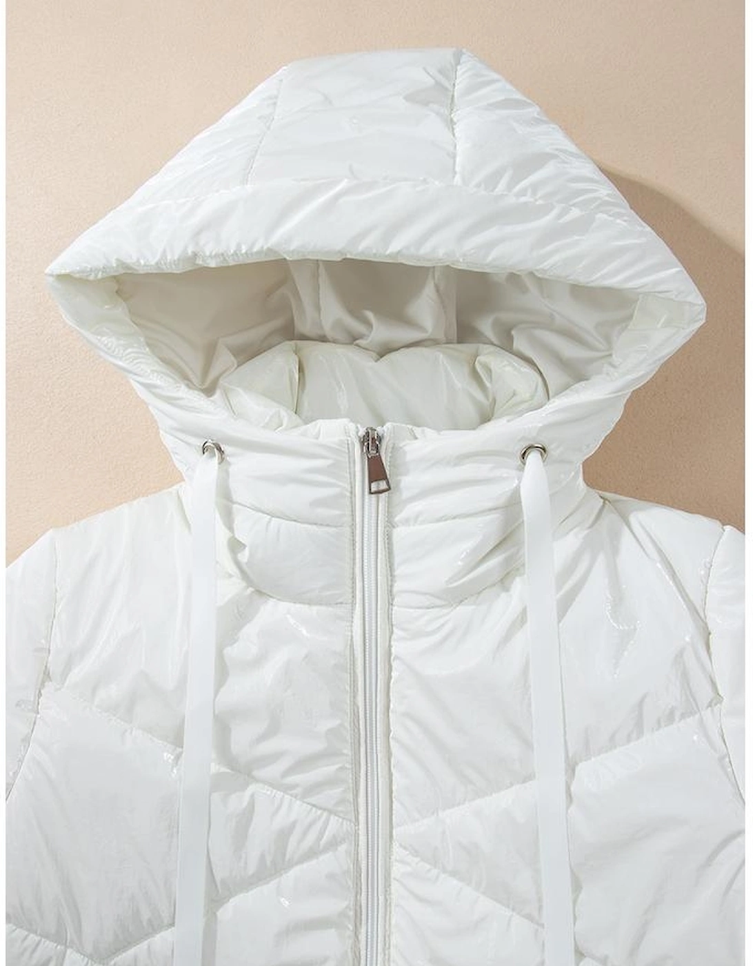 White Solid Quilted Hooded Zip Up Puffer Coat