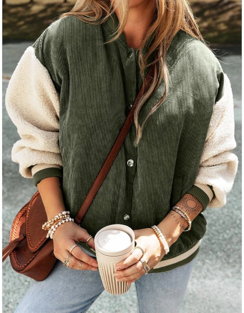 Mist Green Corduroy Fleece Patchwork Buttoned Bomber Jacket
