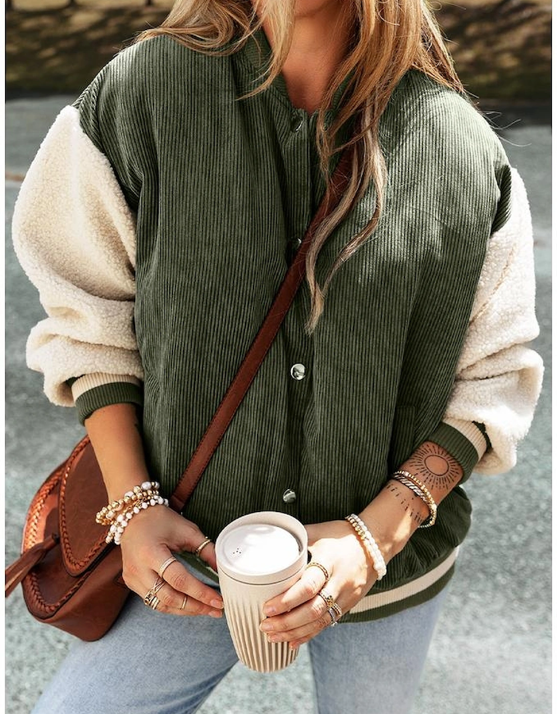 Mist Green Corduroy Fleece Patchwork Buttoned Bomber Jacket