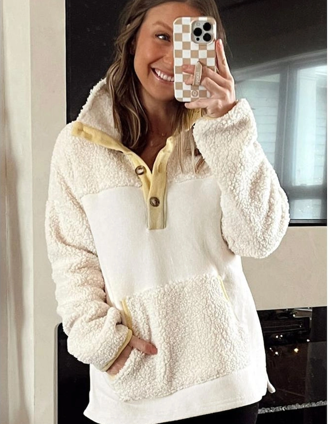 Beige Fleece Colorblock Trim Buttons Collar Sweatshirt with Pocket