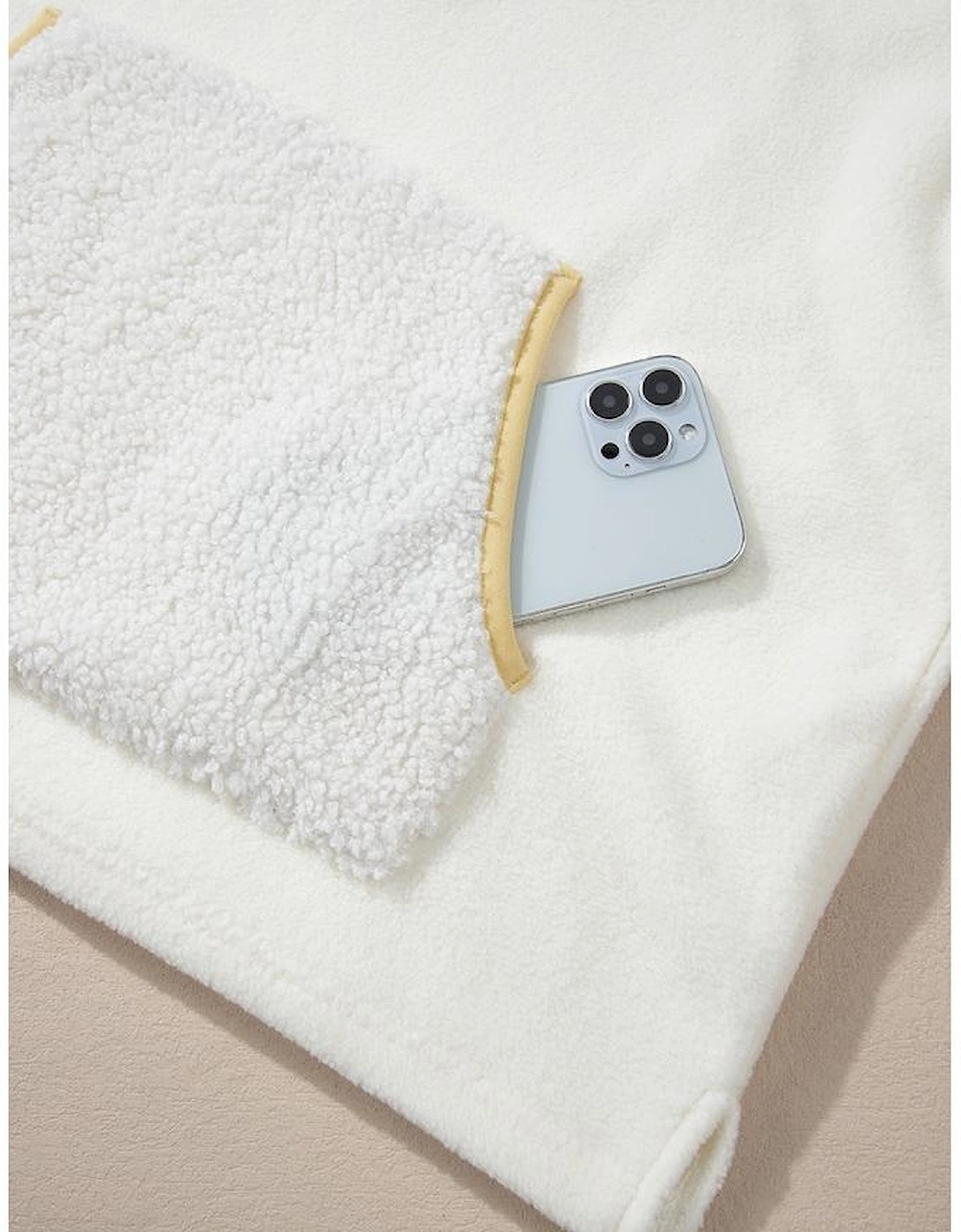 Beige Fleece Colorblock Trim Buttons Collar Sweatshirt with Pocket