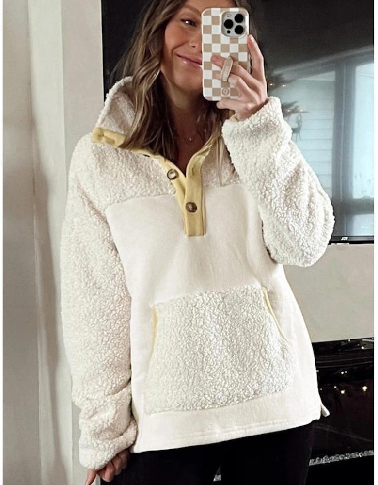 Beige Fleece Colorblock Trim Buttons Collar Sweatshirt with Pocket