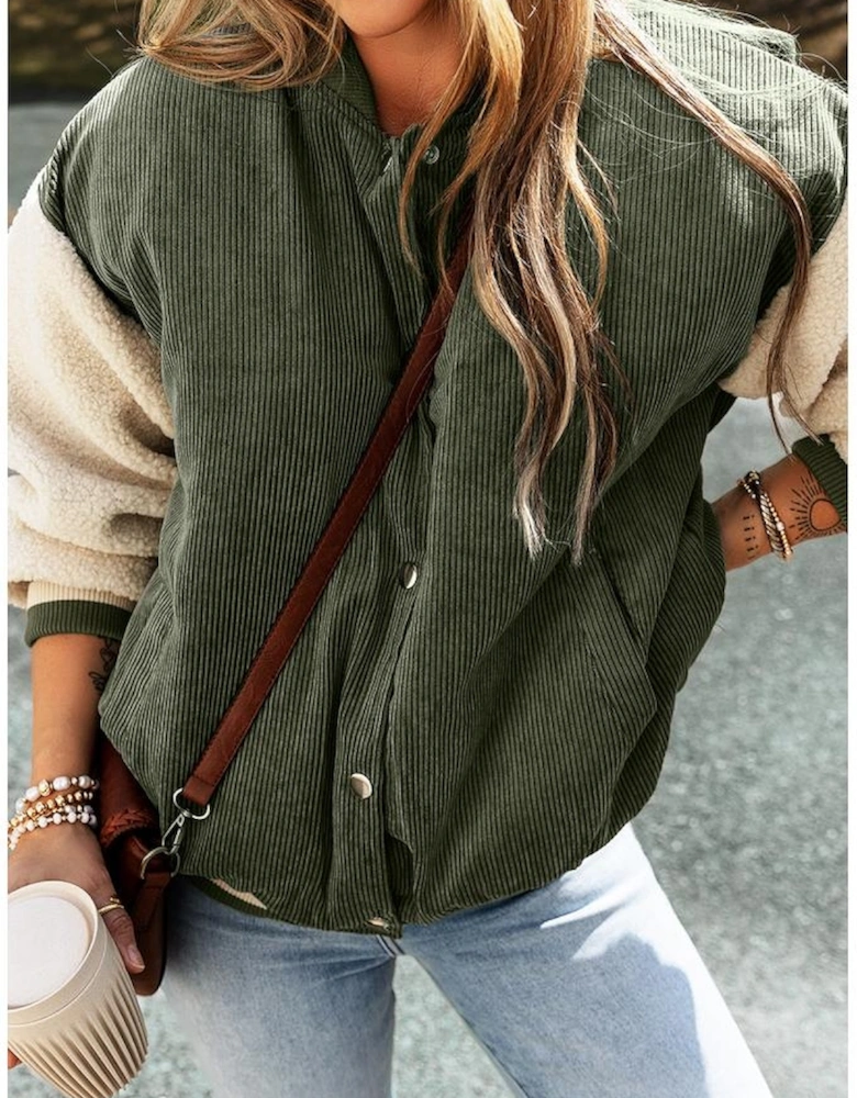 Mist Green Corduroy Fleece Patchwork Buttoned Bomber Jacket