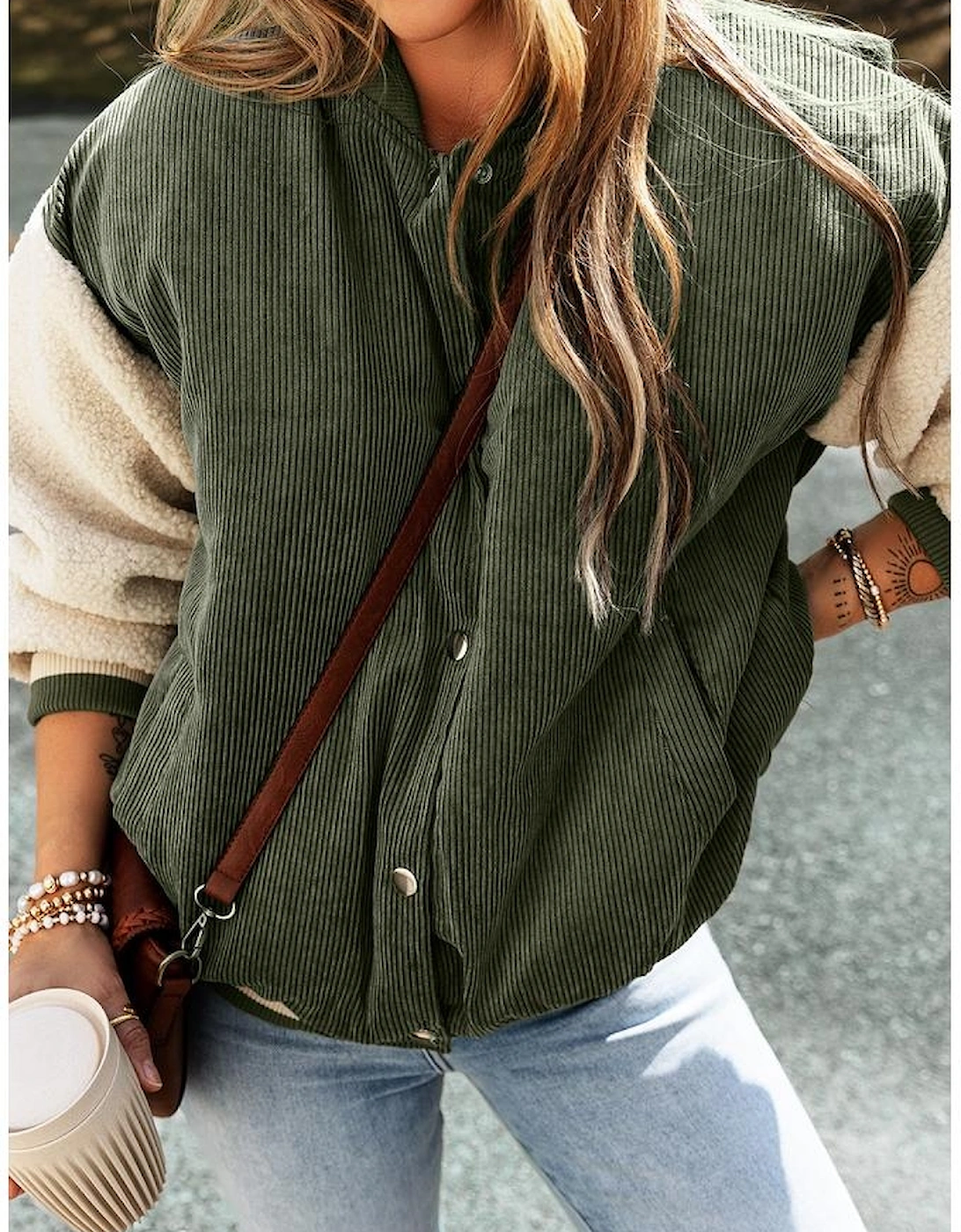 Mist Green Corduroy Fleece Patchwork Buttoned Bomber Jacket