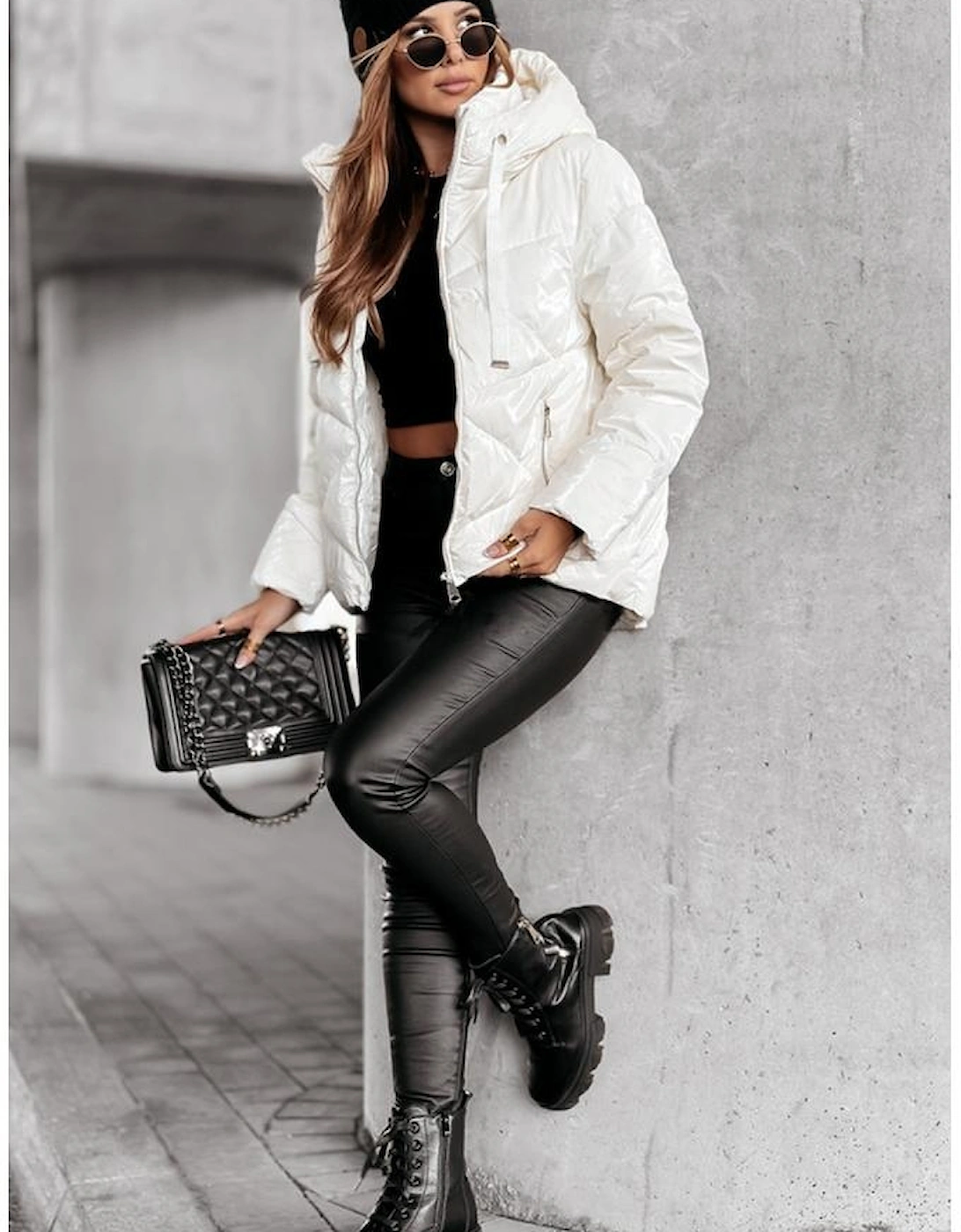 White Solid Quilted Hooded Zip Up Puffer Coat
