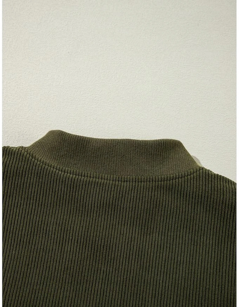 Mist Green Corduroy Fleece Patchwork Buttoned Bomber Jacket