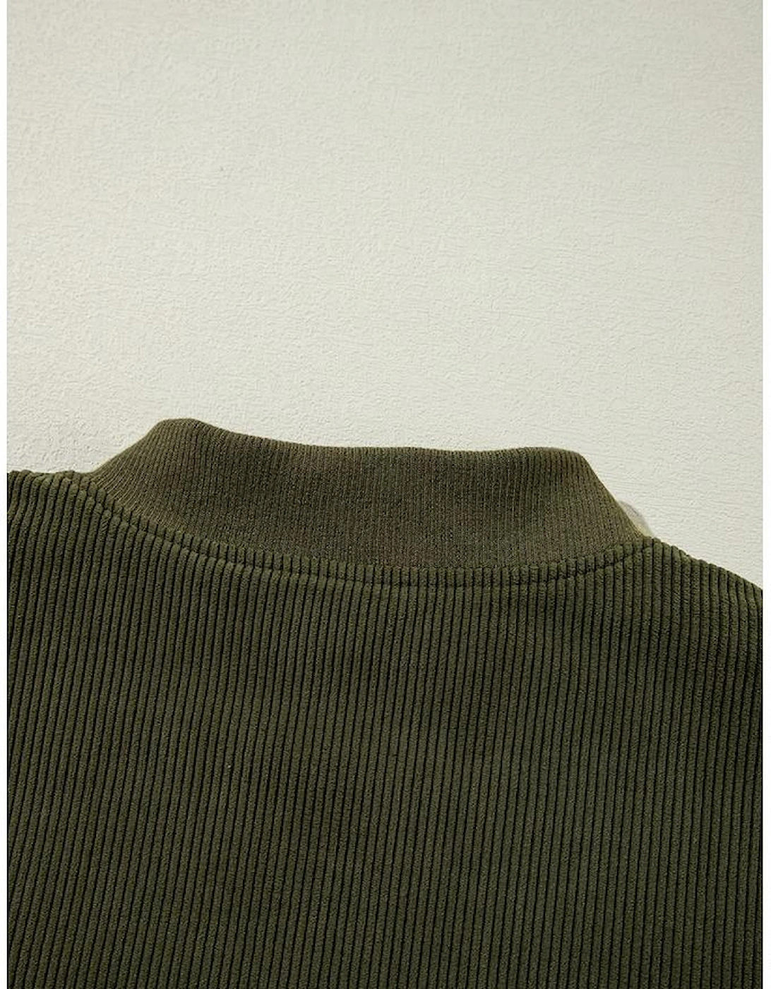 Mist Green Corduroy Fleece Patchwork Buttoned Bomber Jacket