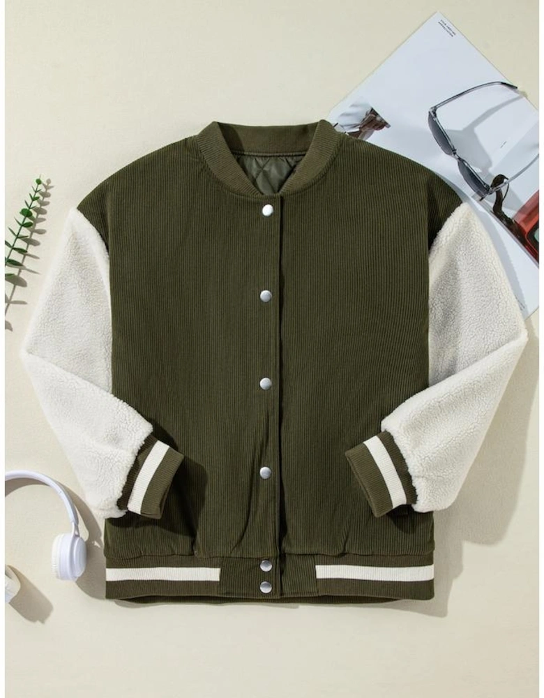 Mist Green Corduroy Fleece Patchwork Buttoned Bomber Jacket