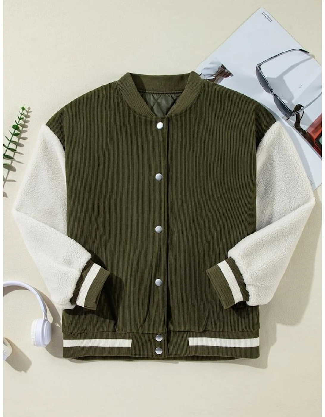 Mist Green Corduroy Fleece Patchwork Buttoned Bomber Jacket