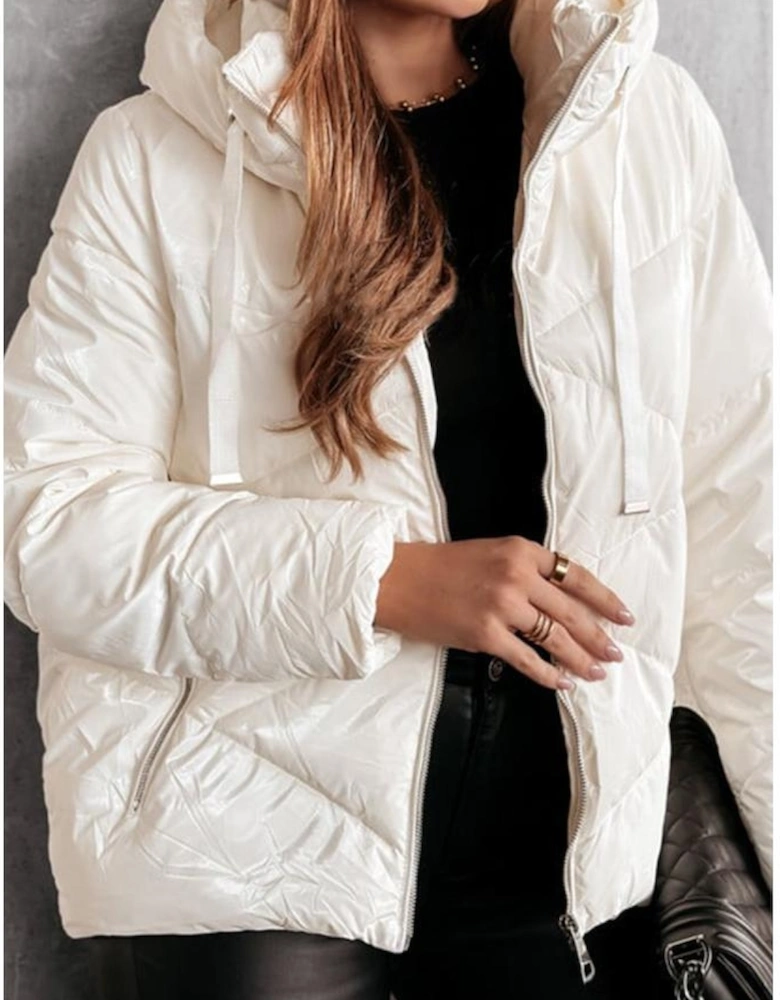 White Solid Quilted Hooded Zip Up Puffer Coat