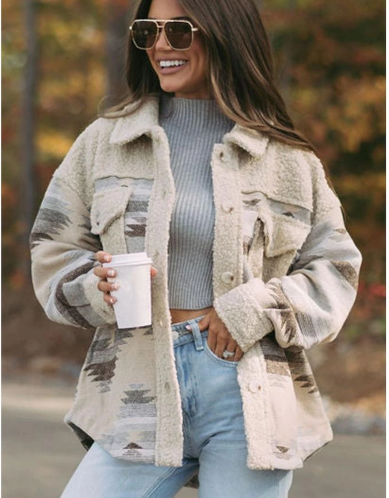 Khaki Western Aztec Print Sherpa Splicing Buttoned Flap Pocket Coat