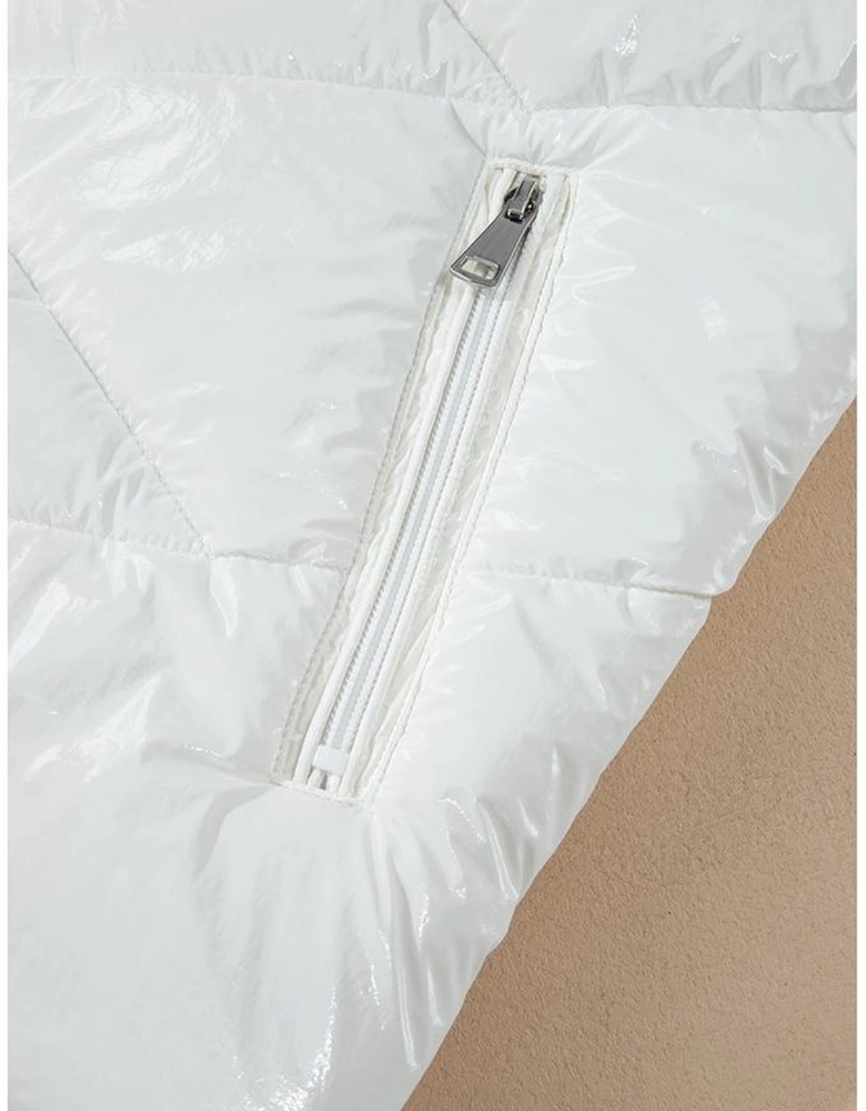 White Solid Quilted Hooded Zip Up Puffer Coat