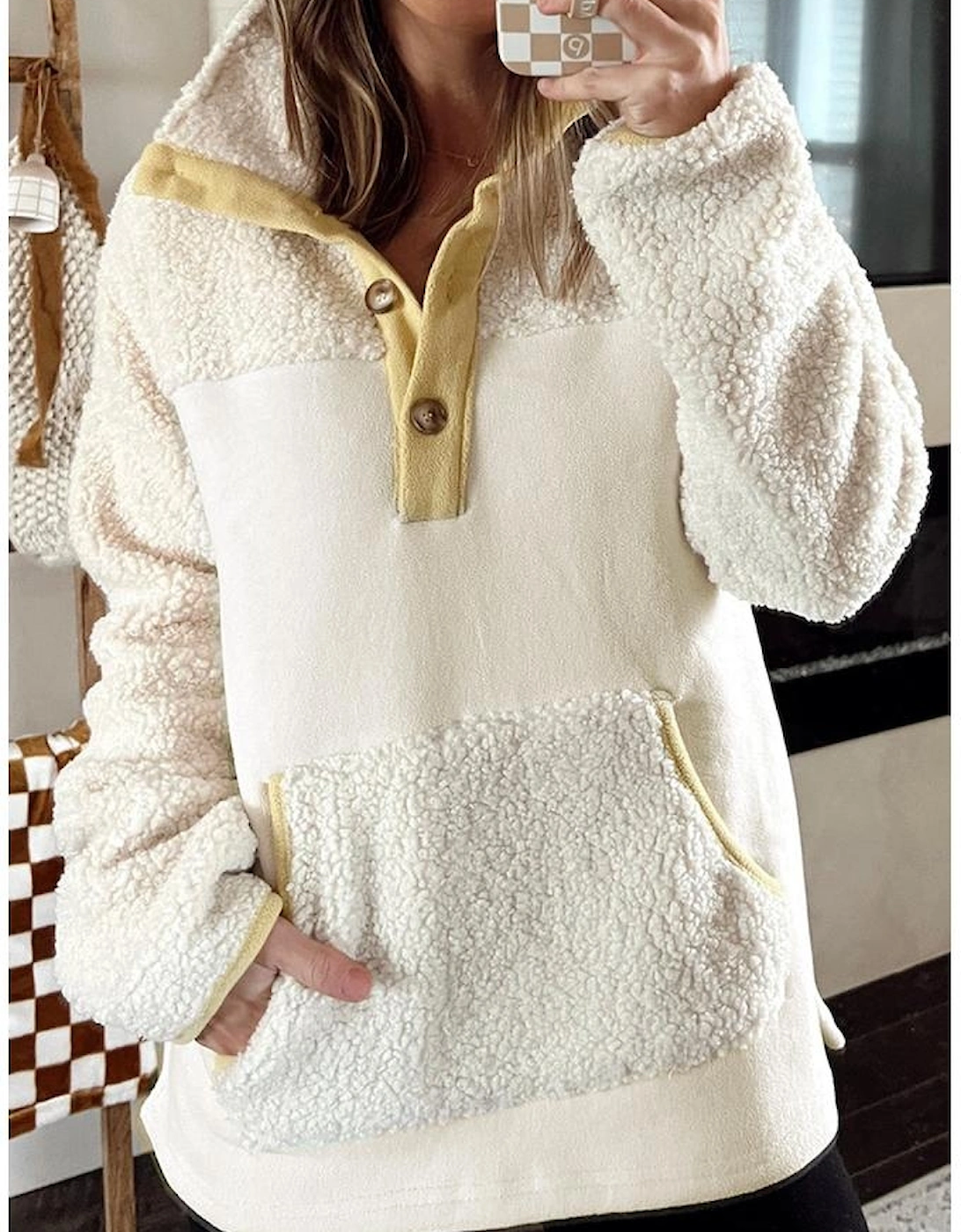 Beige Fleece Colorblock Trim Buttons Collar Sweatshirt with Pocket