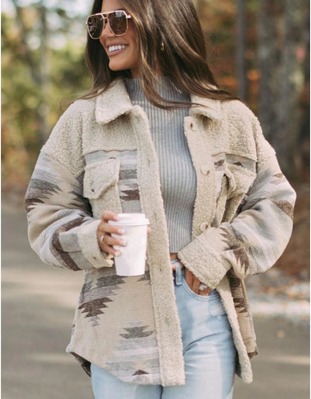 Khaki Western Aztec Print Sherpa Splicing Buttoned Flap Pocket Coat