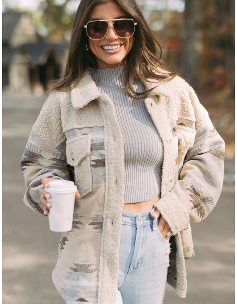 Khaki Western Aztec Print Sherpa Splicing Buttoned Flap Pocket Coat