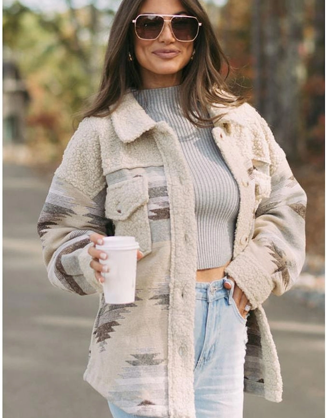 Khaki Western Aztec Print Sherpa Splicing Buttoned Flap Pocket Coat