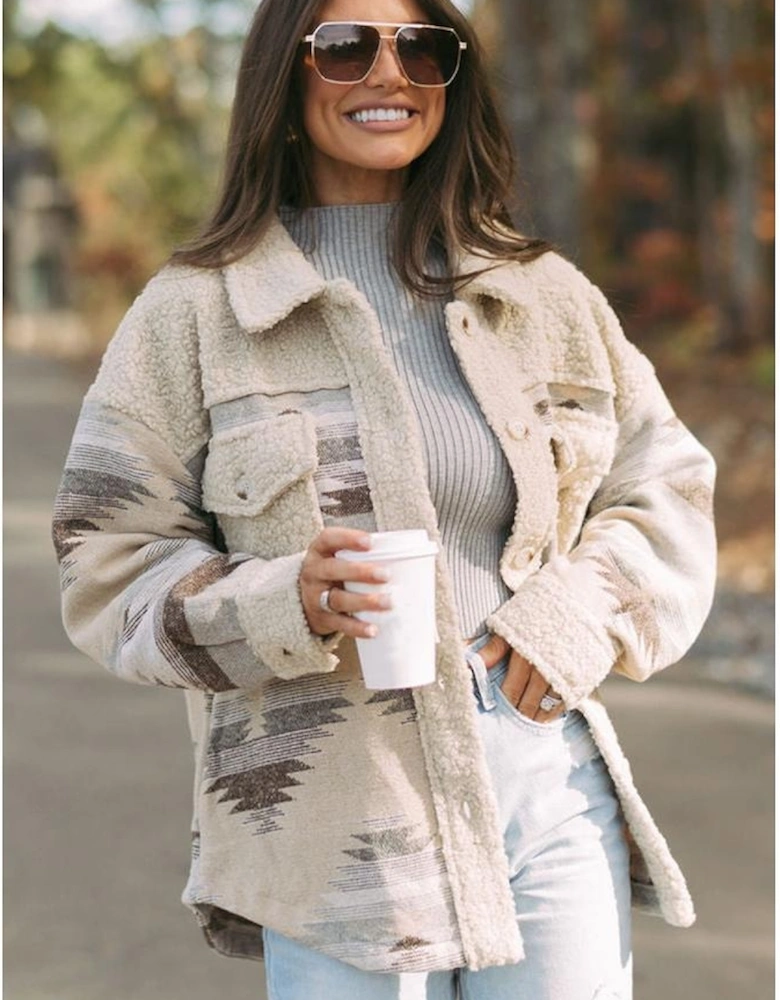 Khaki Western Aztec Print Sherpa Splicing Buttoned Flap Pocket Coat